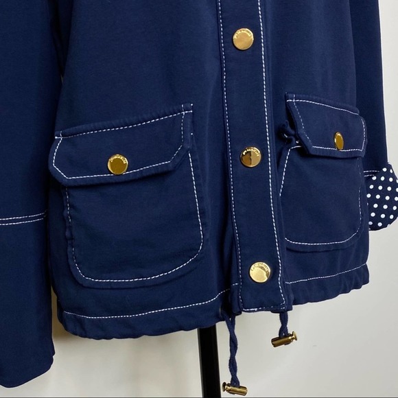 Jones New York Blue Cotton Jersey Jacket Nautical Snap Polka Dot Accent Utility - Picture 6 of 9
